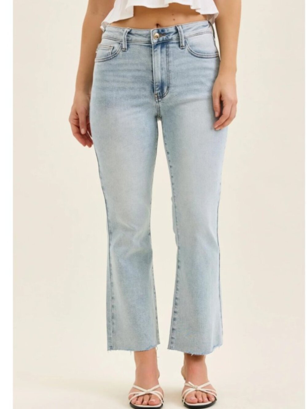 NWOT Judy Blue Kick Flare Tummy Control Raw Hem Jeans Stop and Stare Light Blue